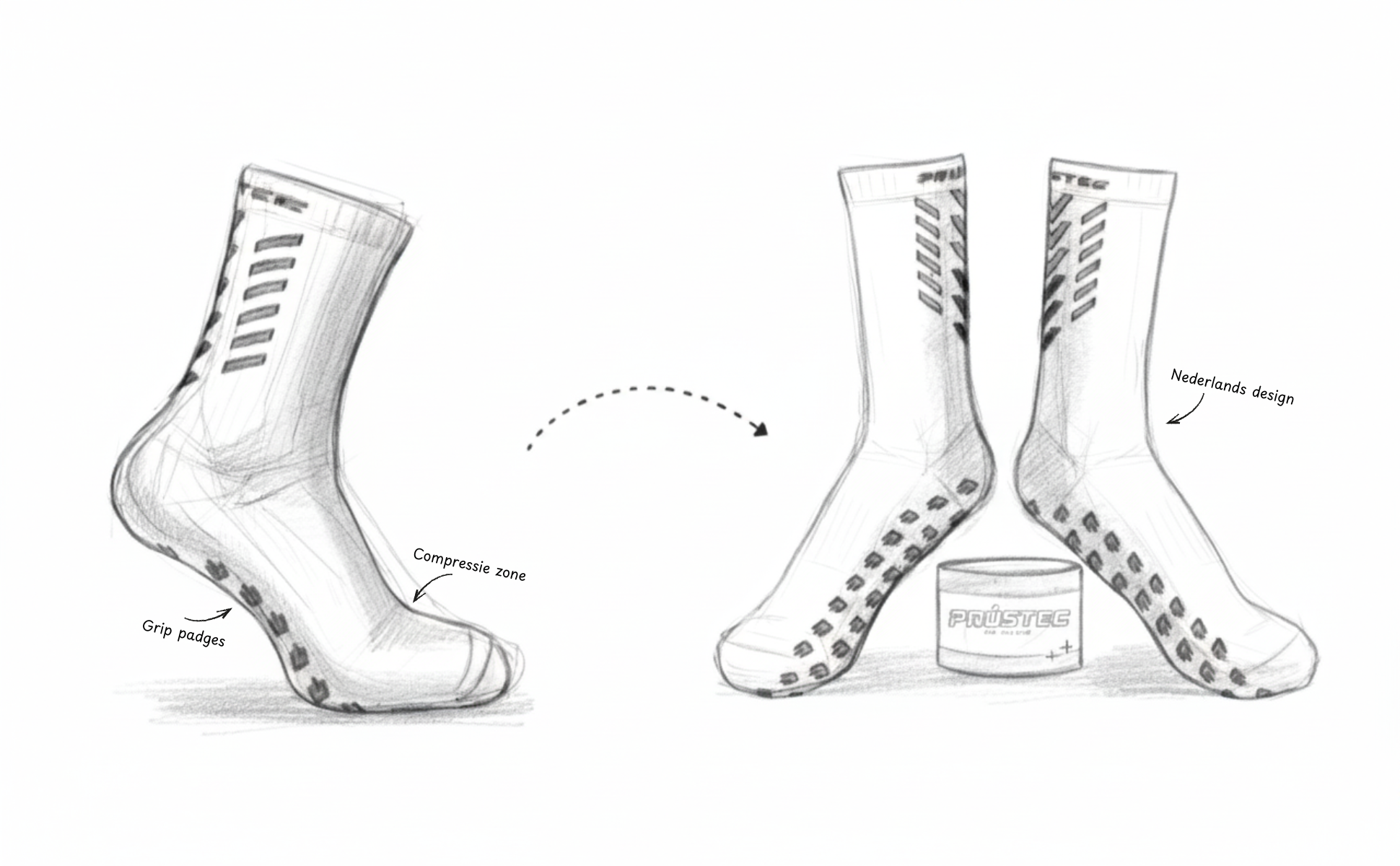 Design schets van Prostec gripsokken, essentiële voetbalaccessoires met grip badges, compressiezone en Nederlands design