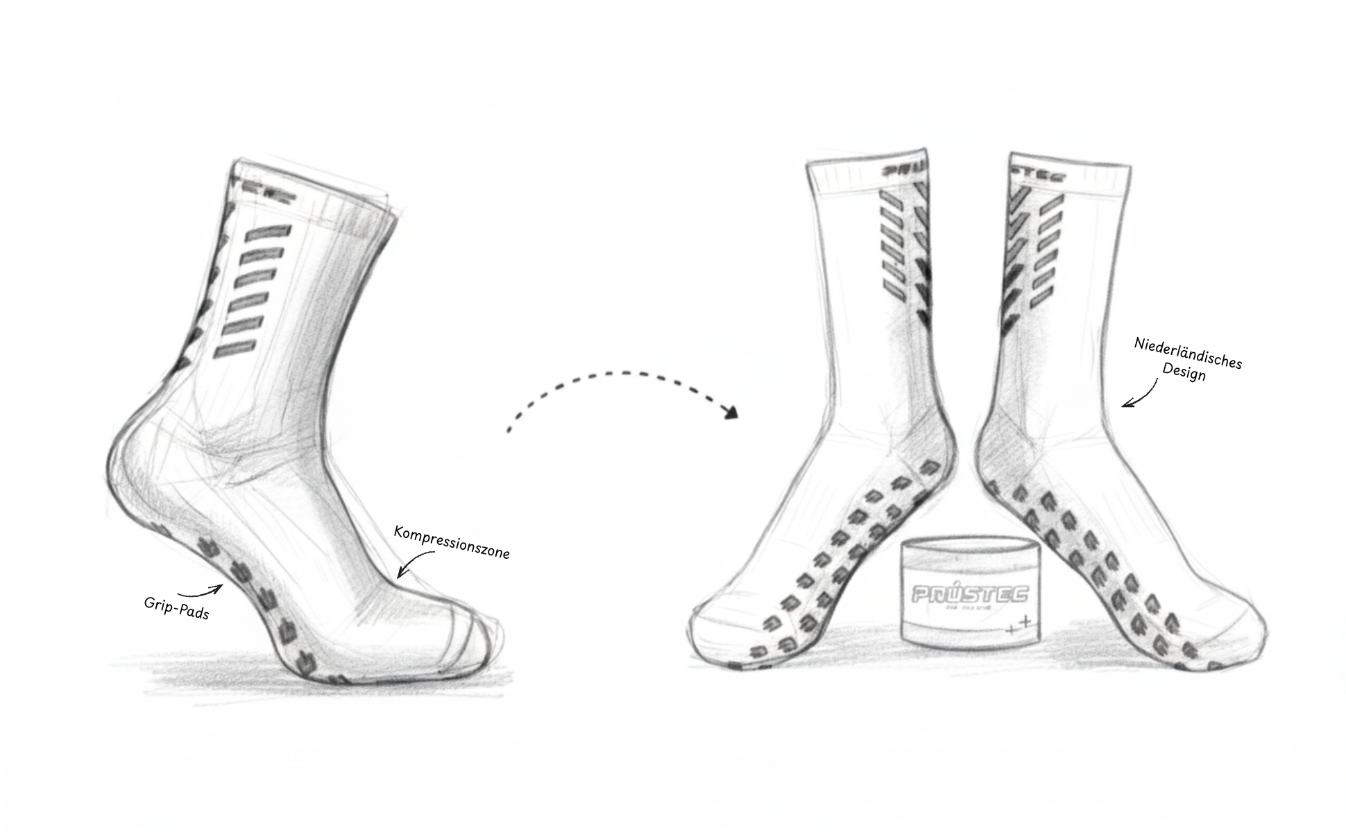 Potloodschets Prostec gripsokken met grip-pads, compressiezone en Nederlands design, onmisbare voetbalaccessoires