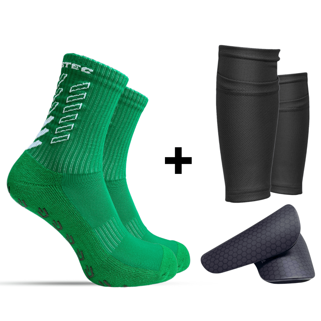 Prostec Ultimate Performance voetbal accessoires set met groene gripsokken, scheenbeschermer sleeves en mini guards