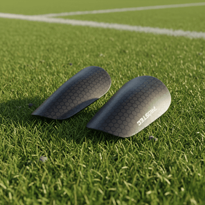 Zwarte Prostec Mini Scheenbeschermers met hexagon patroon op groen voetbalveld voetbalaccessoires