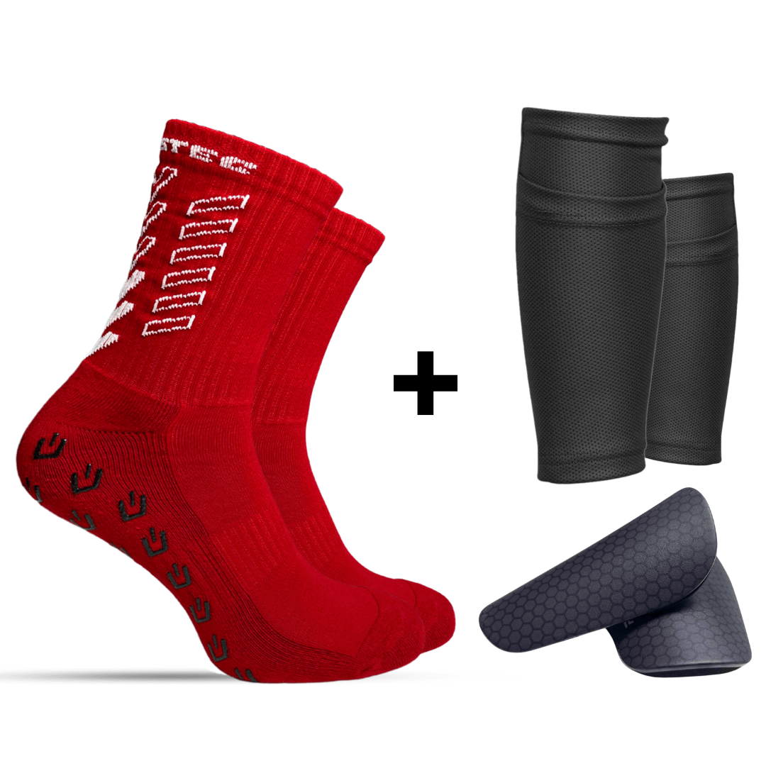 Prostec Ultimate Performance Bundel: rode gripsokken, zwarte scheenbeschermer sleeves en mini scheenbeschermers, een