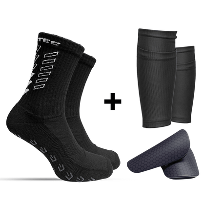 Prostec Ultimate Performance Bundel met zwarte gripsokken, scheenbeschermer sleeves en mini scheenbeschermers, een