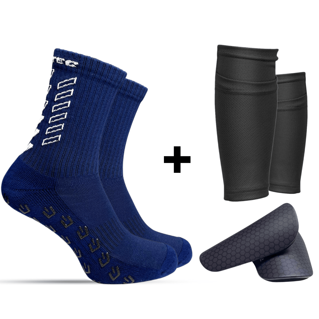 Prostec Ultimate Performance voetbal accessoires set met blauwe gripsokken, zwarte shin guard sleeves en mini