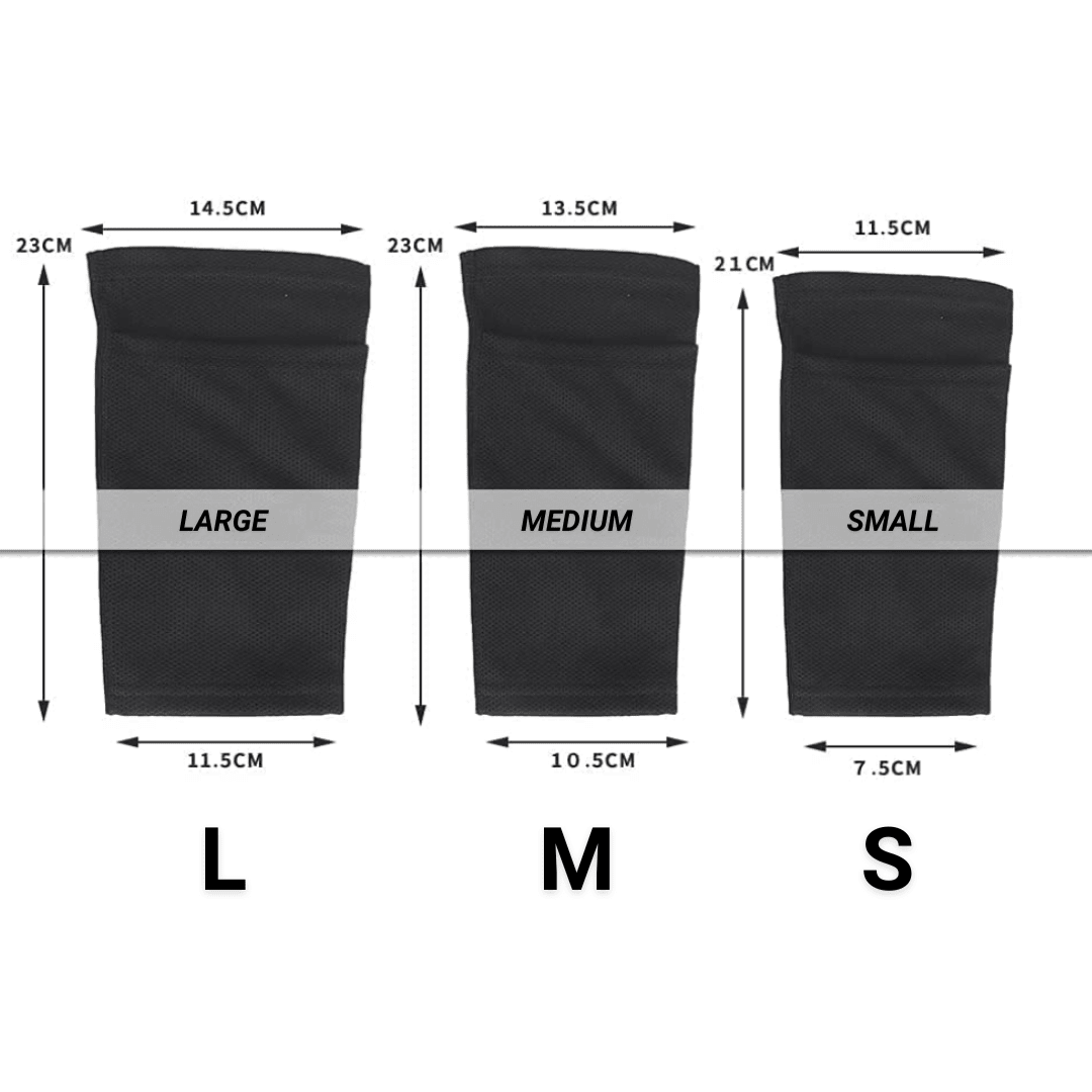 Prostec scheenbeschermer sleeve maattabel met afmetingen voor L M S in zwart
