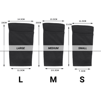Prostec scheenbeschermer sleeve maattabel met afmetingen voor L M S in zwart