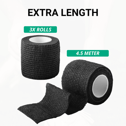 Prostec voetbaltape: 3 zwarte rollen van 4.5 meter, extra lengte zelfklevende voetbalaccessoires